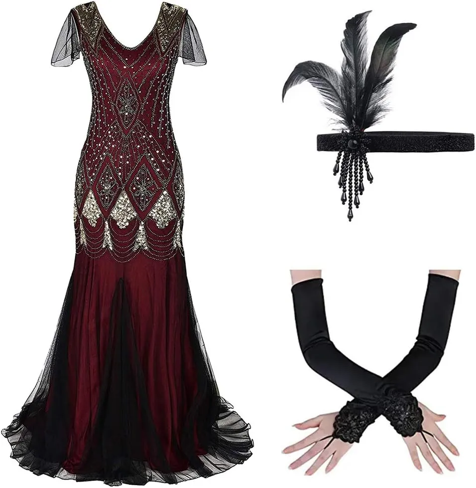 Women's 1920s Flapper Dress Vintage Great Gatsby Party Sequin Maxi Evening Cocktail Dresses with 20s Accessories Set
