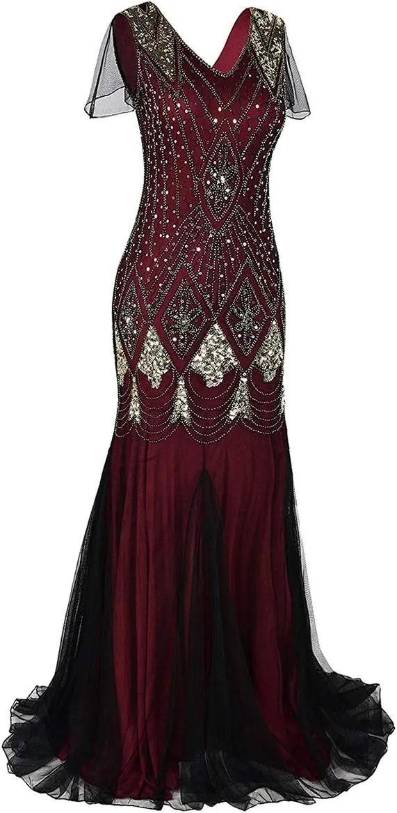 Women's 1920s Flapper Dress Vintage Great Gatsby Party Sequin Maxi Evening Cocktail Dresses with 20s Accessories Set