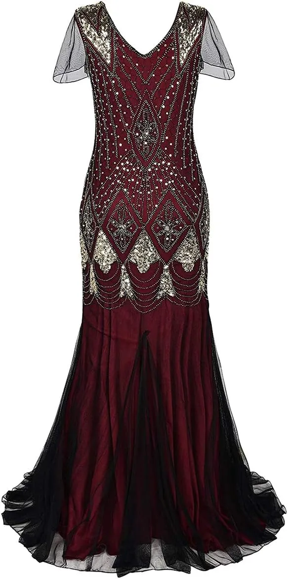 Women's 1920s Flapper Dress Vintage Great Gatsby Party Sequin Maxi Evening Cocktail Dresses with 20s Accessories Set
