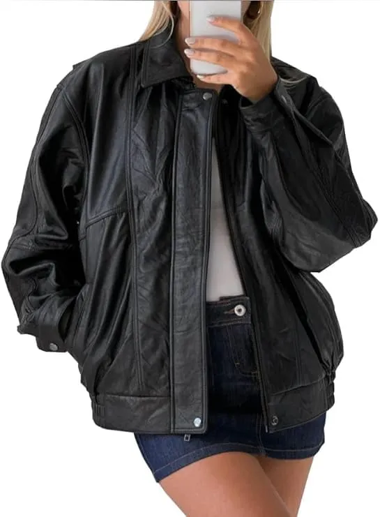 Womens 90s Oversized Vintage Straight Bomber Genuine Leather Moto Jacket