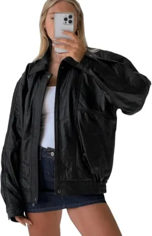 Womens 90s Oversized Vintage Straight Bomber Genuine Leather Moto Jacket