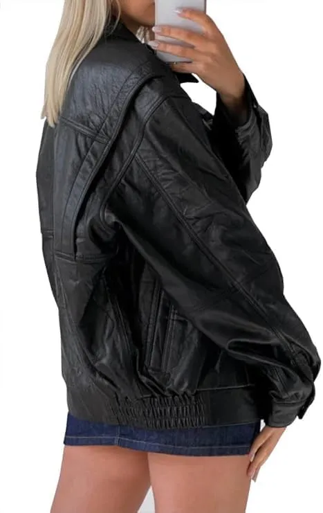 Womens 90s Oversized Vintage Straight Bomber Genuine Leather Moto Jacket