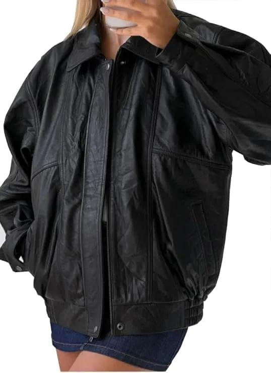 Womens 90s Oversized Vintage Straight Bomber Genuine Leather Moto Jacket