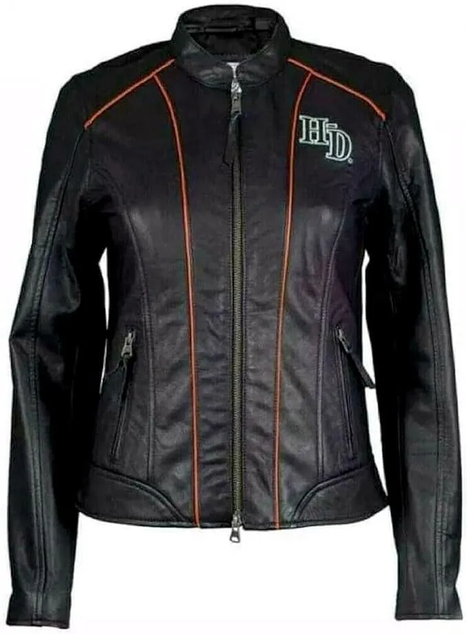 Womens Black Harley Leather Biker Jacket Davidson HD Motorcycle Jacket for Ladies with Side Laces