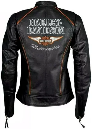 Womens Black Harley Leather Biker Jacket Davidson HD Motorcycle Jacket for Ladies with Side Laces
