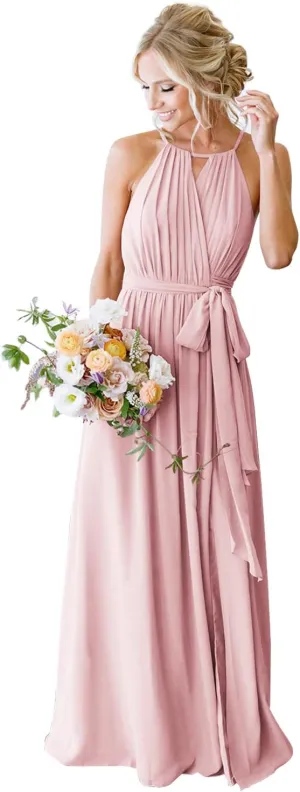 Women's Halter Pleated Chiffon Long Bridesmaid Dresses with Pockets Formal Dresses Evening Party Gown