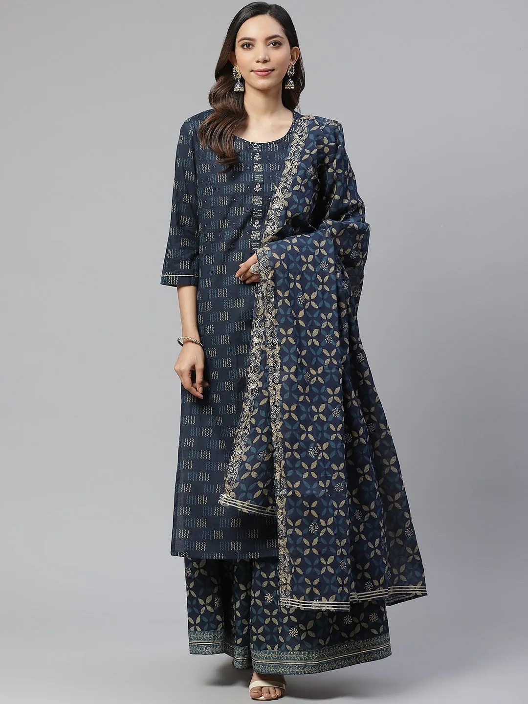 Women'S Indigo Kurta Set With Palazzo And Dupatta Plus Size