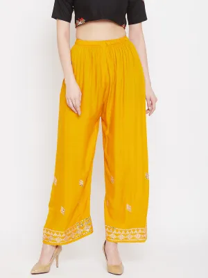 Women'S Mustard Embellished Rayon Palazzo