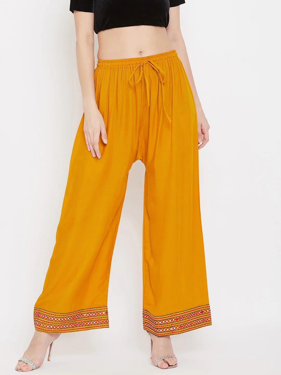 Women'S Mustard Hem Design Embroidered Straight Palazzo