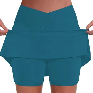 Women's Pocket Pants Solid Mid Waist Culottes Short Skirts Skinny Pants Tennis Skirts