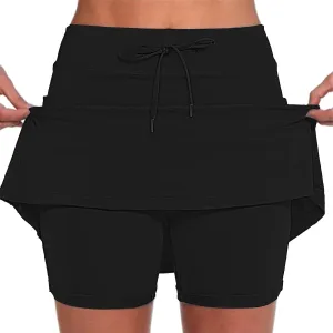 Women's Pocket Pants Solid Mid Waist Culottes Short Skirts Skinny Pants Tennis Skirts