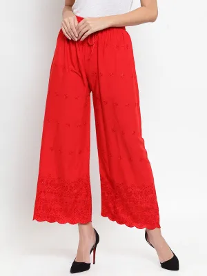 Women'S Red Chikankari Rayon Palazzo
