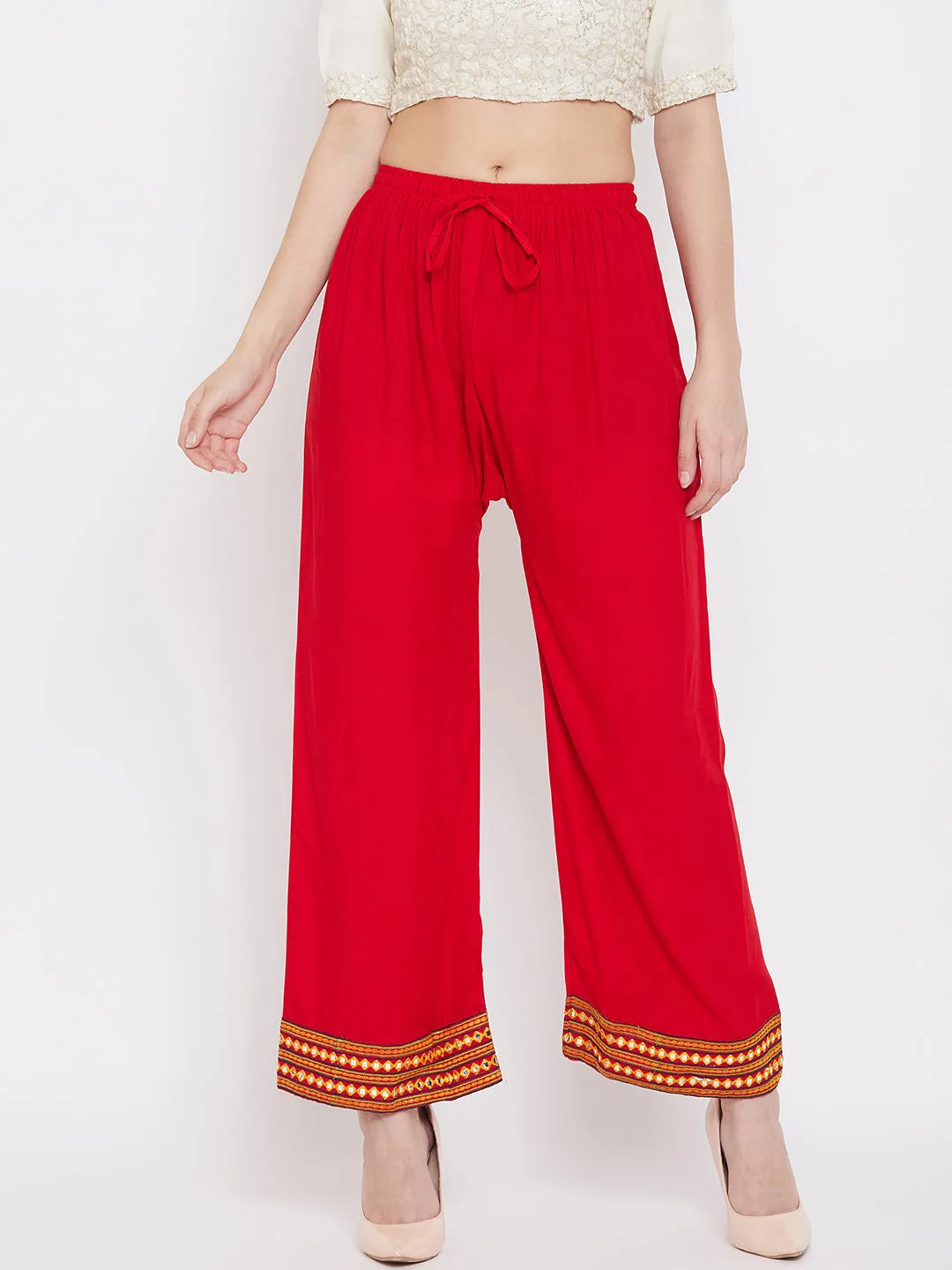 Women'S Red Hem Design Embroidered Straight Palazzo