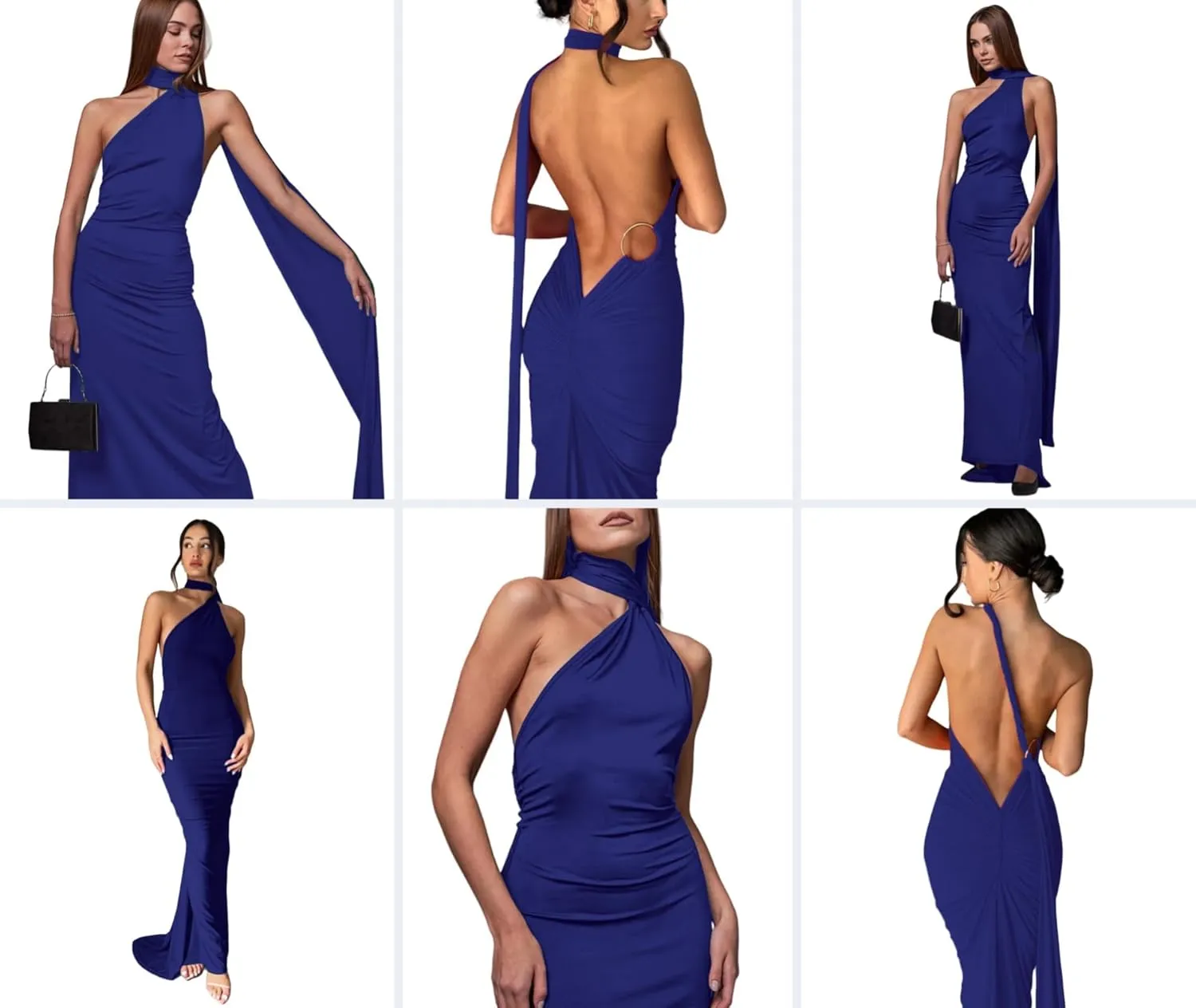 Women's Sexy One Shoulder Backless Maxi Dress Elegant Ruched O Ring Sleeveless Evening Dress Long Gown Cocktail Dress