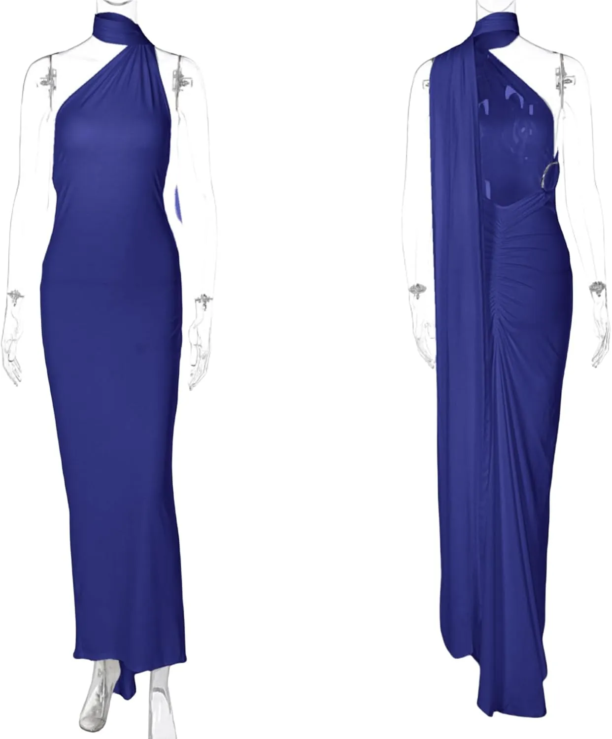 Women's Sexy One Shoulder Backless Maxi Dress Elegant Ruched O Ring Sleeveless Evening Dress Long Gown Cocktail Dress