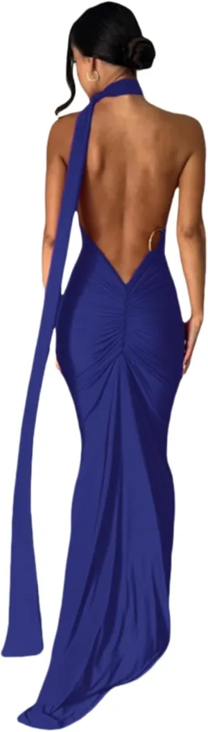 Women's Sexy One Shoulder Backless Maxi Dress Elegant Ruched O Ring Sleeveless Evening Dress Long Gown Cocktail Dress