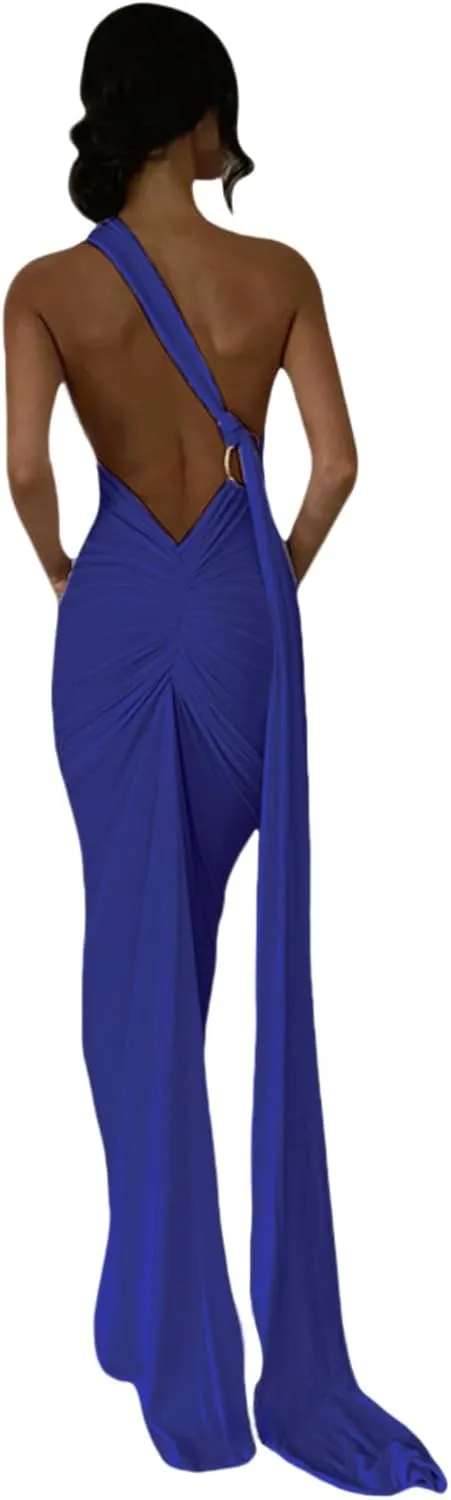 Women's Sexy One Shoulder Backless Maxi Dress Elegant Ruched O Ring Sleeveless Evening Dress Long Gown Cocktail Dress