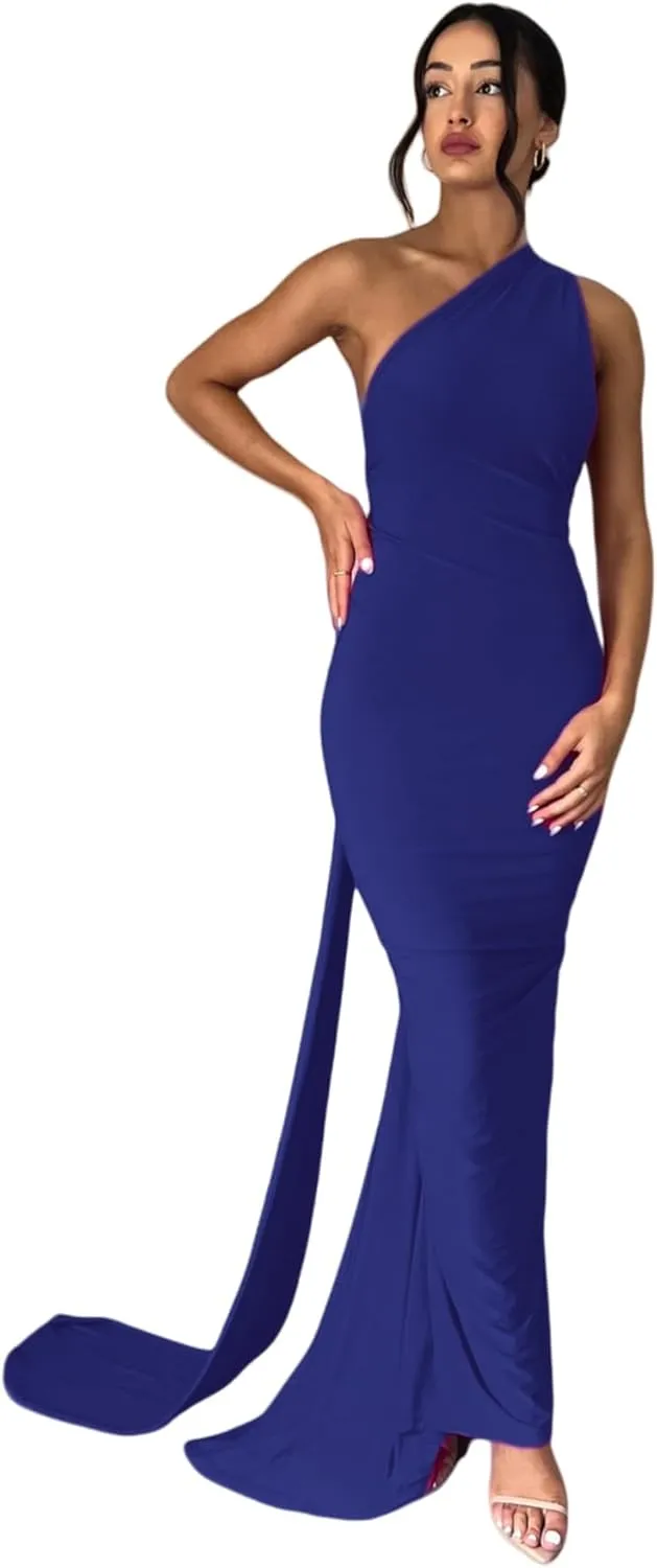 Women's Sexy One Shoulder Backless Maxi Dress Elegant Ruched O Ring Sleeveless Evening Dress Long Gown Cocktail Dress