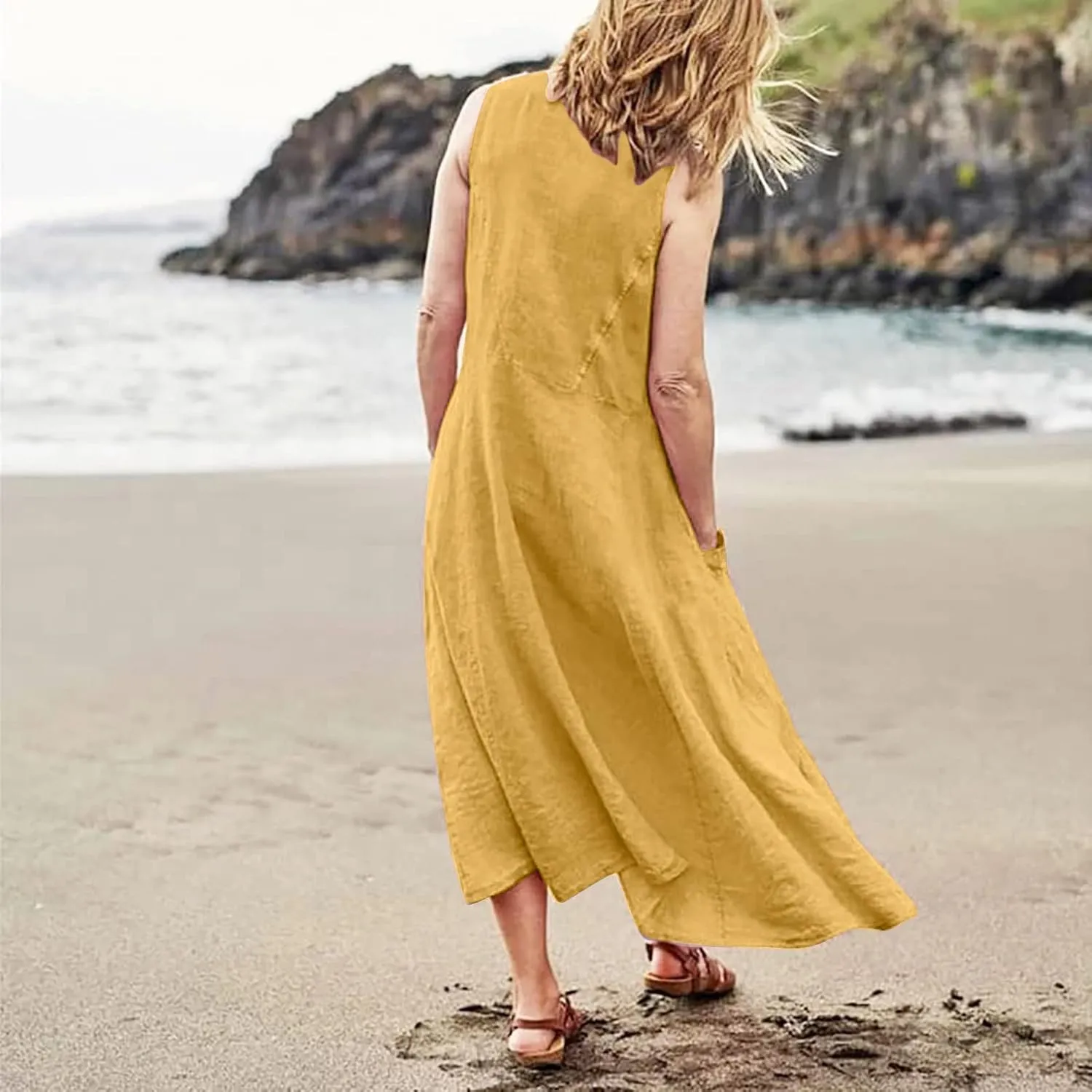 Women's Summer Cotton Linen Long Dress Sleeveless Elegant Flowy Dresses Plus Size Loose Comfy Dresses with Pockets