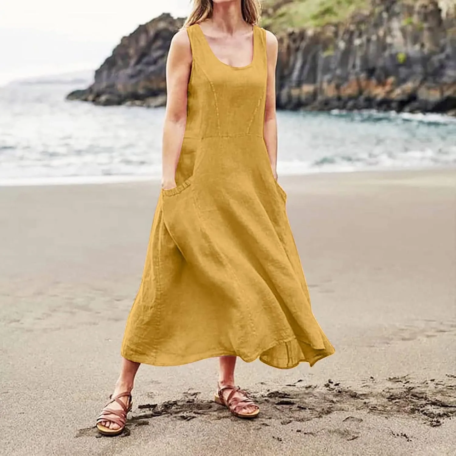 Women's Summer Cotton Linen Long Dress Sleeveless Elegant Flowy Dresses Plus Size Loose Comfy Dresses with Pockets