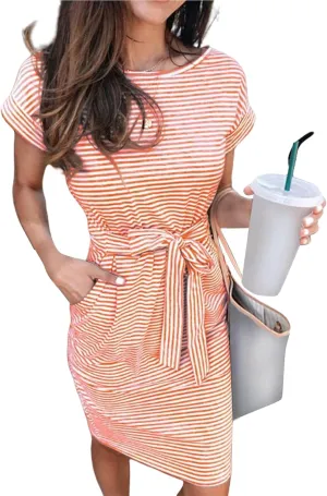 Women's Summer Dresses Striped Short Sleeve Croop Neck T Shirt Dress Tie Waist Fashion Trendy Dressy Sundress 2025