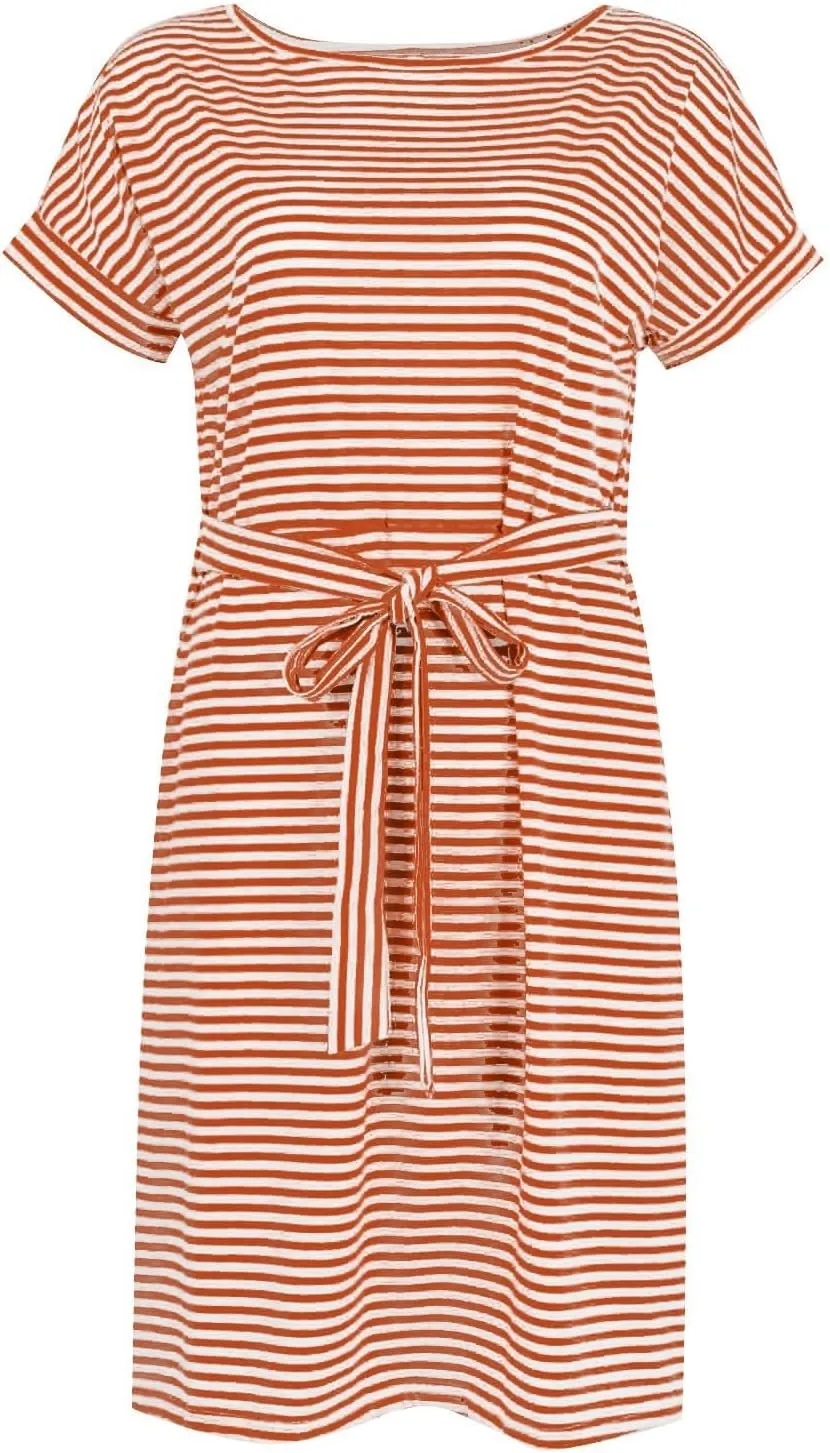 Women's Summer Dresses Striped Short Sleeve Croop Neck T Shirt Dress Tie Waist Fashion Trendy Dressy Sundress 2025