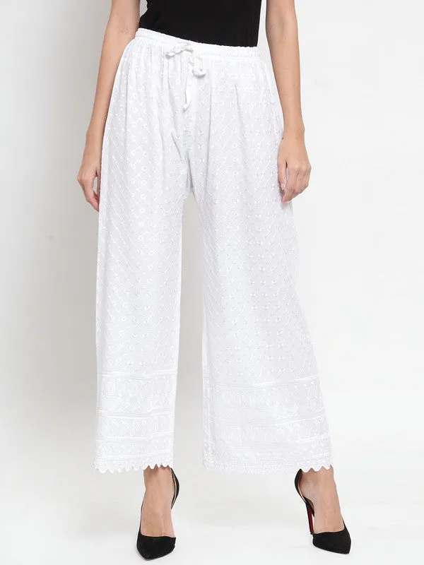 Women'S White Full Chikankari Rayon Palazzo