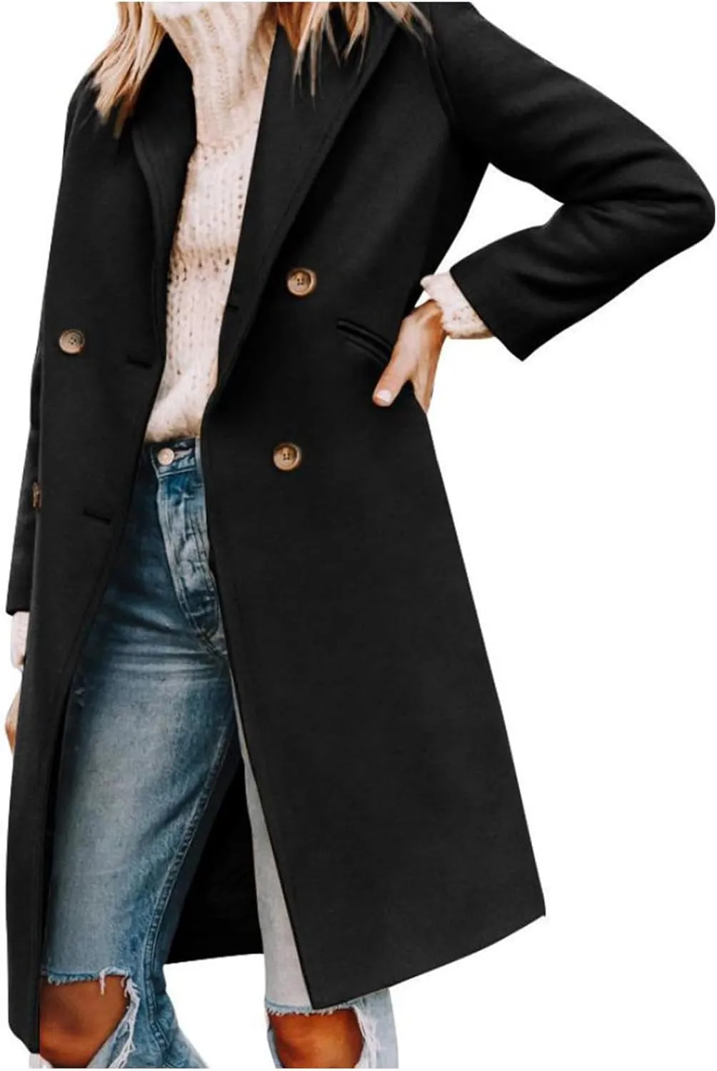 xxxiticat Women's Double Breasted Peacoat Wool Notched Lapel Trench Coat Winter Mid Length Long Jacket Overcoat