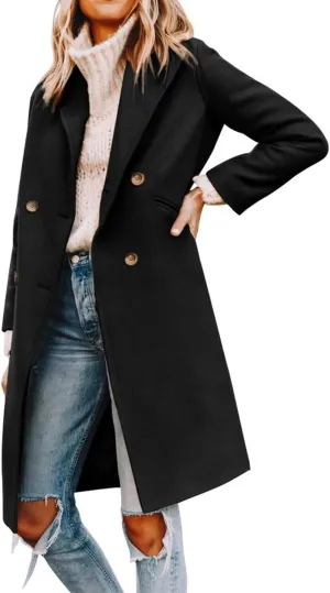 xxxiticat Women's Double Breasted Peacoat Wool Notched Lapel Trench Coat Winter Mid Length Long Jacket Overcoat