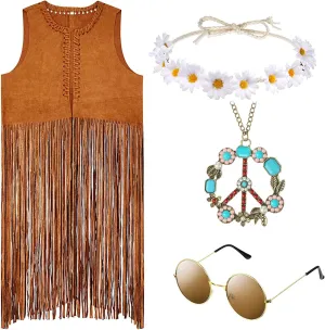 Zhanmai 4 Pieces 60s 70s Outfits for Women Hippie Costume Fringe Vest Faux Suede Vest Bohemia Headband for Halloween Cosplay