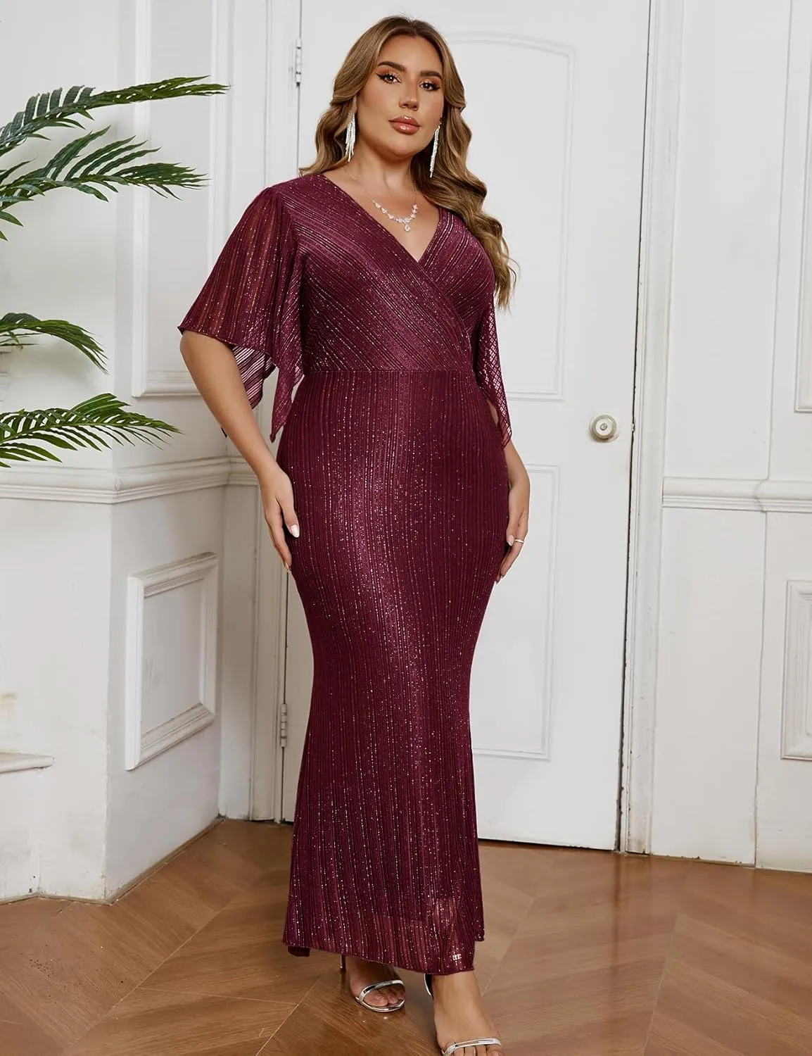 ZOMVA Plus Size Maxi Formal Dress Sparkly V-Neck Mermaid Wrap Evening Gown Cocktail Prom Glitter Handkerchief Sleeves