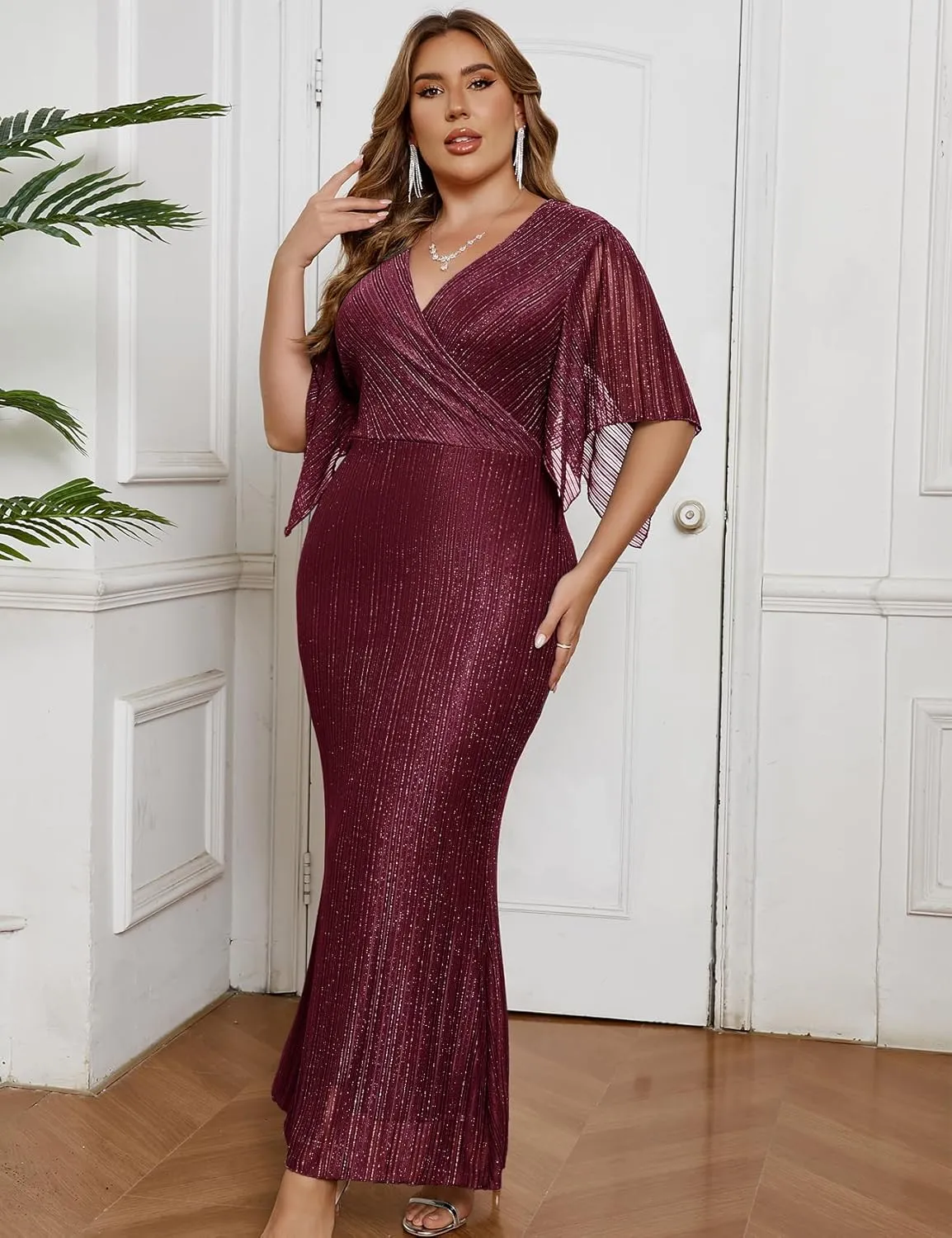ZOMVA Plus Size Maxi Formal Dress Sparkly V-Neck Mermaid Wrap Evening Gown Cocktail Prom Glitter Handkerchief Sleeves