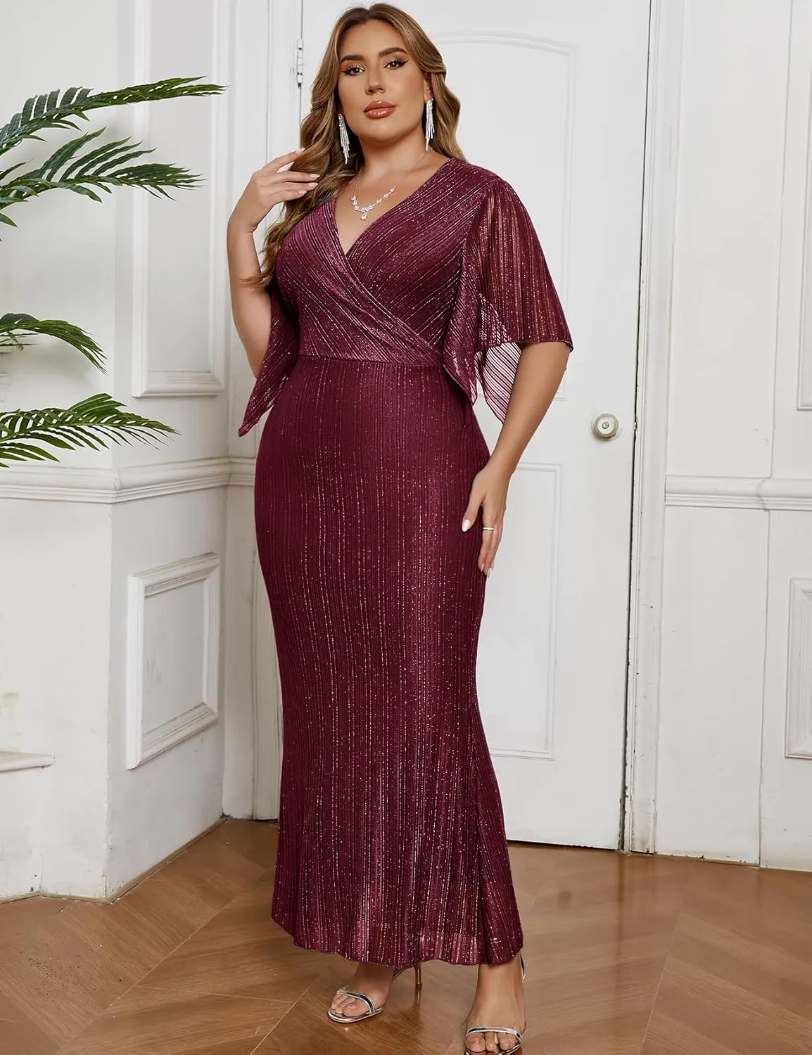 ZOMVA Plus Size Maxi Formal Dress Sparkly V-Neck Mermaid Wrap Evening Gown Cocktail Prom Glitter Handkerchief Sleeves