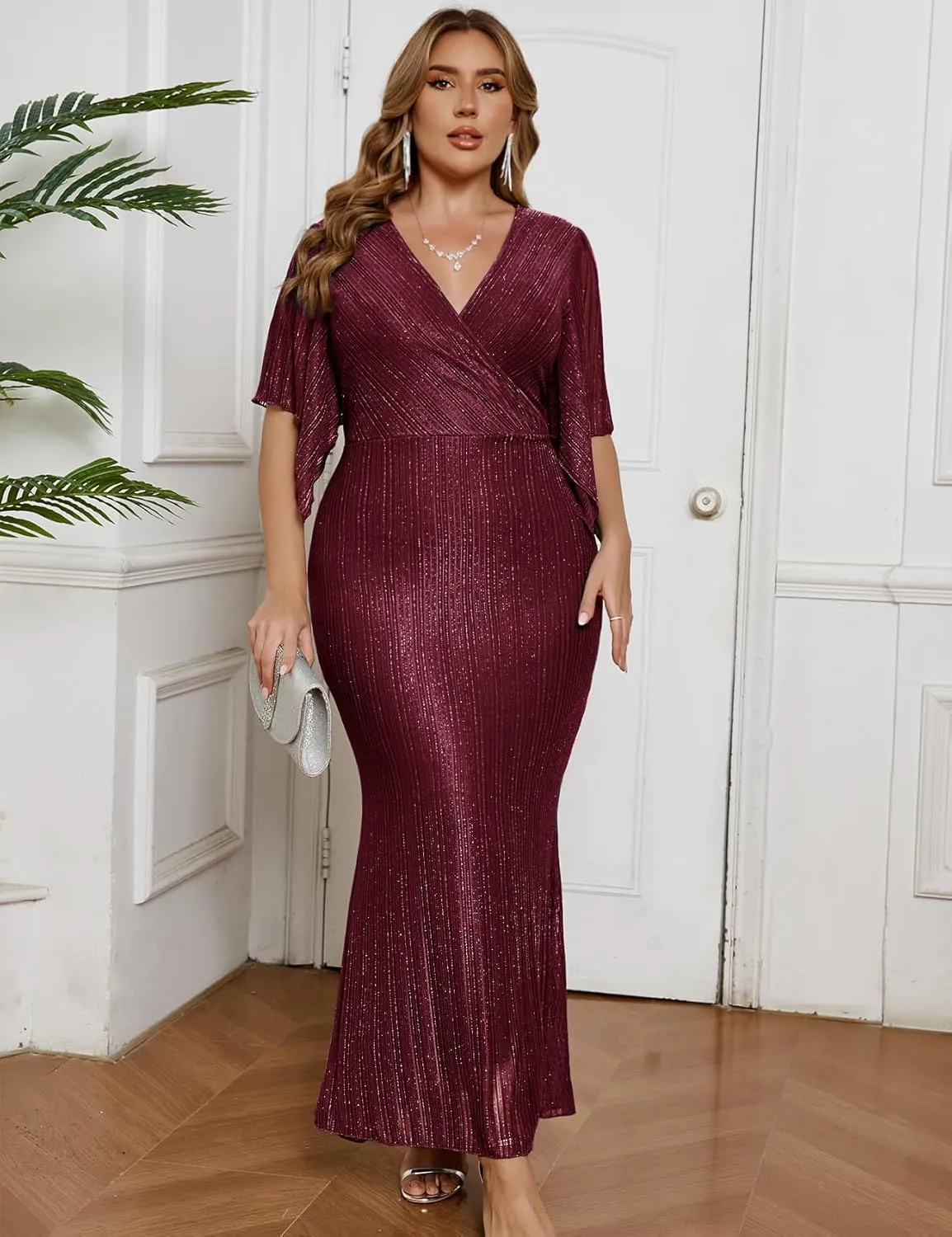 ZOMVA Plus Size Maxi Formal Dress Sparkly V-Neck Mermaid Wrap Evening Gown Cocktail Prom Glitter Handkerchief Sleeves
